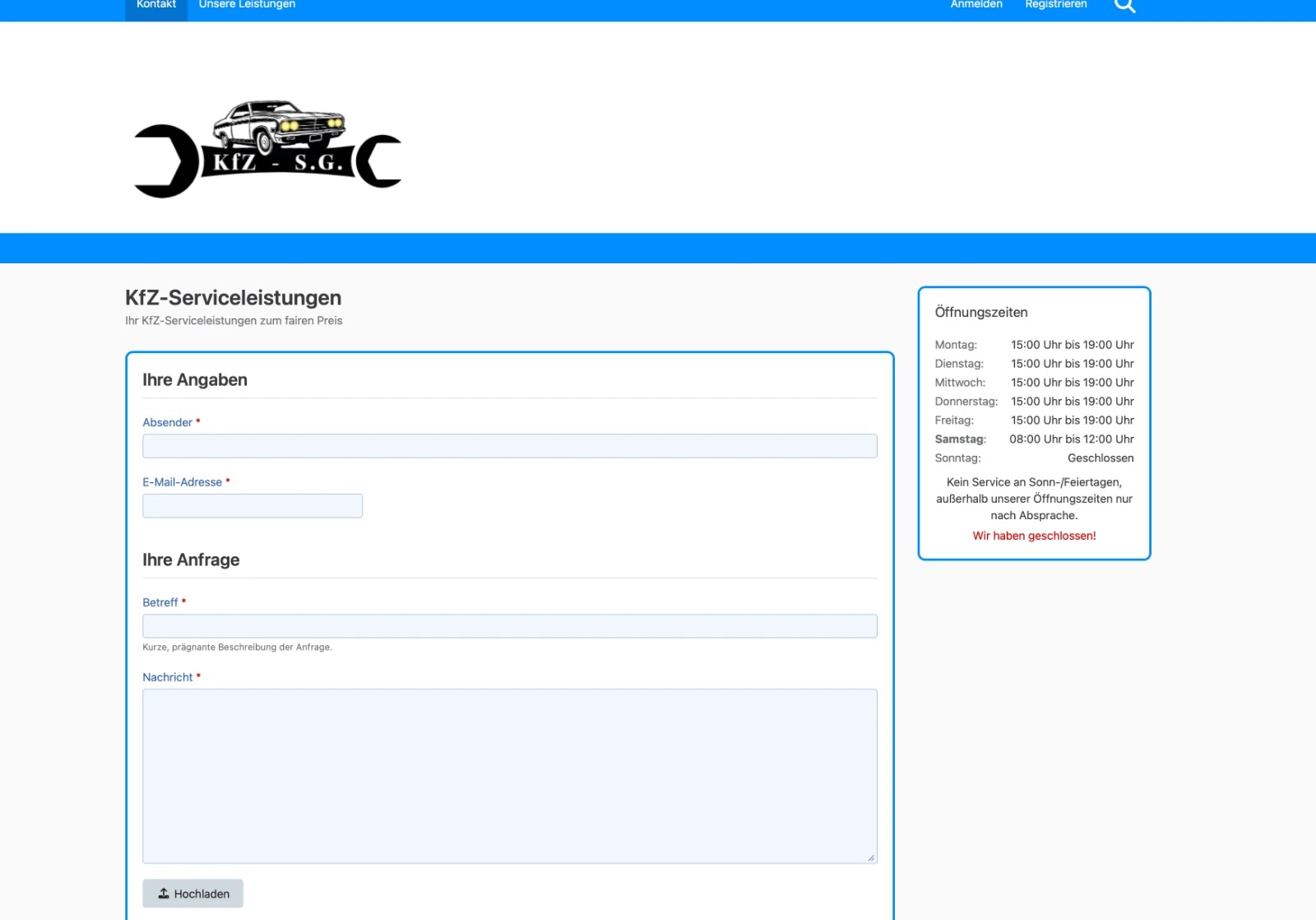 KfZ Servicleistungen Webseite mit Kontaktformular, Öffnungszeiten
